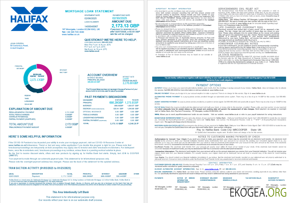 Royaume , Uni Relevé de prêt hypothécaire de la banque d'Halifax aux formats Word et PDF, 4 pages 1, 2